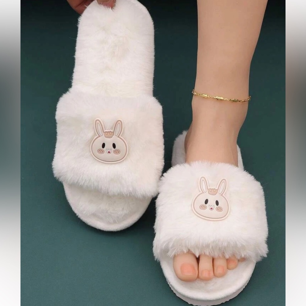 Women Cartoon Rabbit Decor Fuzzy Home Slippers, Preppy White Novelty Slippers